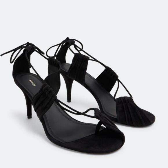 NEOUS Giena Suede Sandals Heels Strappy EUR 39 Toe Ring Black‎ Tie Back Glam - Picture 1 of 12